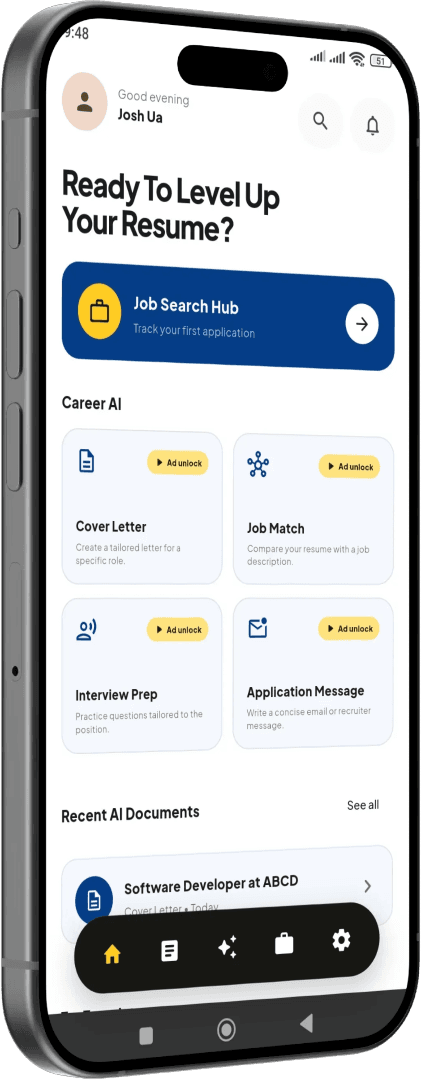 BioData Maker PH Android app home screen showing Career AI tools and recent documents